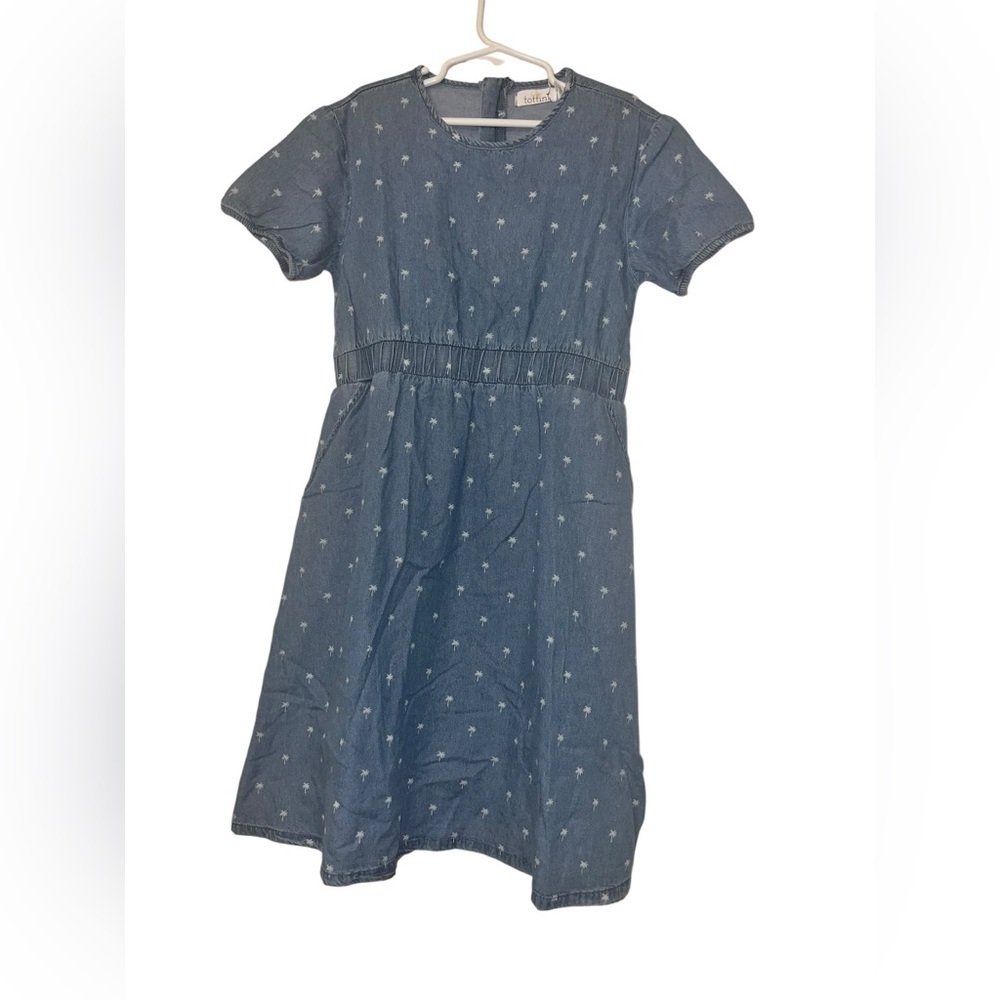Tottini girls Blue chambray denim palm tree print Dress Sz 7 NWOT